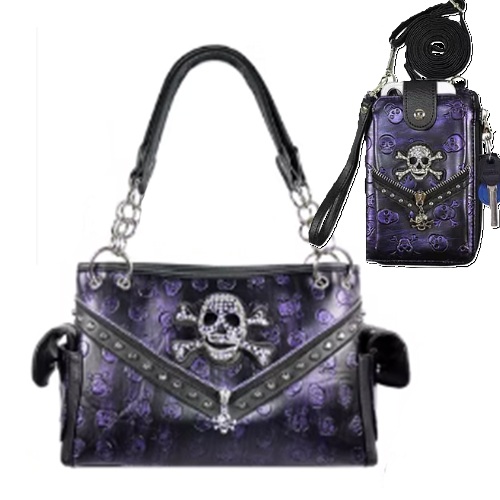 Purple Western Concealed Carry Skull Concho Studded Purse & Phone Wallet Set